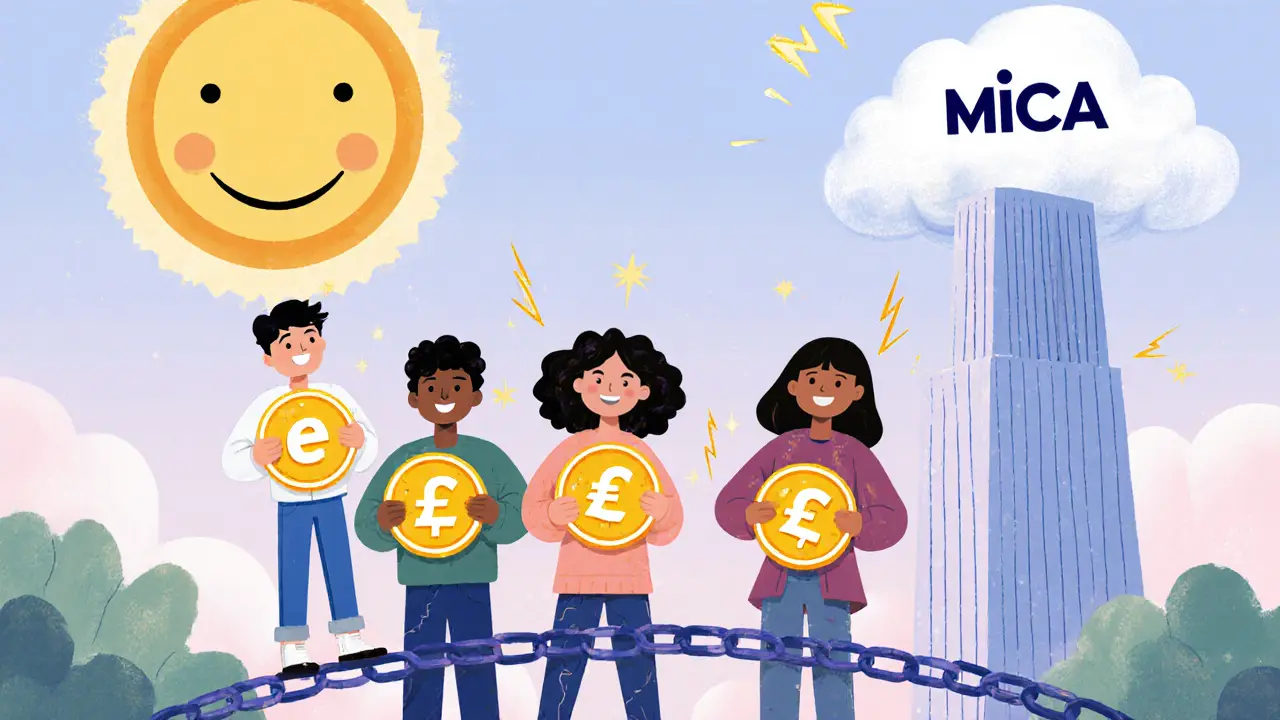 Friendly characters holding growing stablecoins on a blockchain bridge, with a regulatory storm cloud looming in the distance.