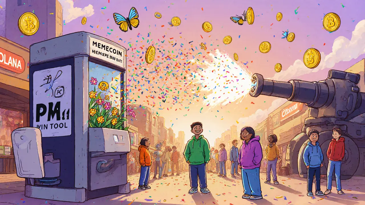 Indie creators mint memecoins as bots are repelled by confetti cannons in a lively Solana marketplace.