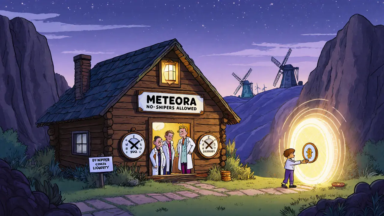 Quirky inventors adjust fee dials inside a cozy Meteora cabin while a child creates a memecoin through a glowing portal.