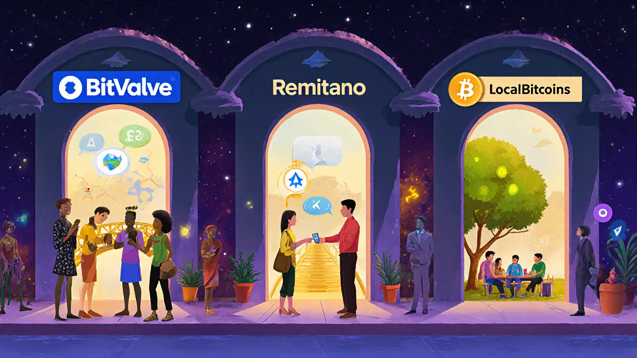 Three new P2P trading portals glow with diverse users, while the fading bridge of LocalBitcoins disappears behind them.