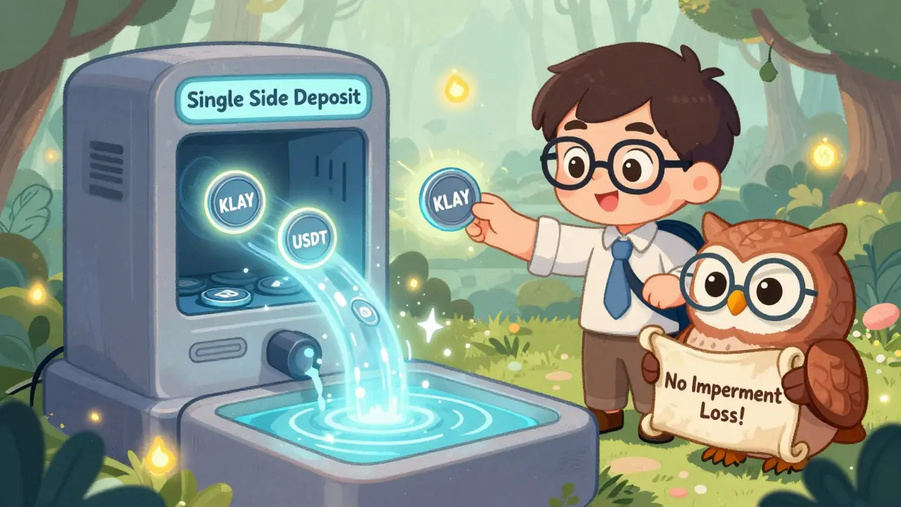 A beginner deposits one token into a magical machine that creates a balanced liquidity pool with floating KSP tokens.