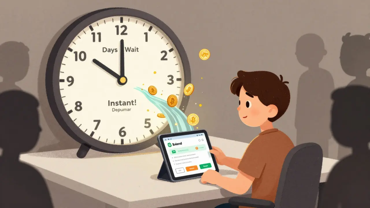 A beginner trader watches euros flow instantly into their crypto wallet as a clock changes from days to seconds.