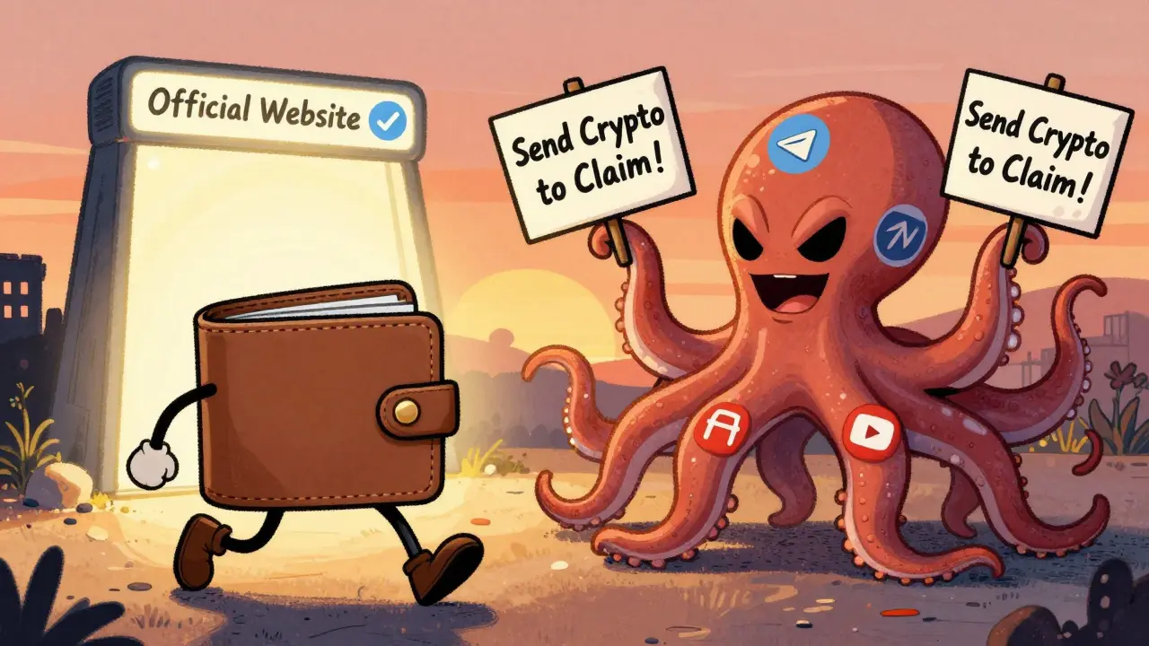 A cartoon wallet escaping a scam octopus made of social media icons, heading toward a verified website portal.