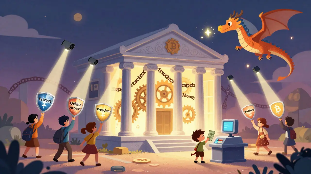 A central bank building emits surveillance beams as citizens hold up shields for privacy, while a child pays with cash and a crypto dragon flies above in a storybook style.