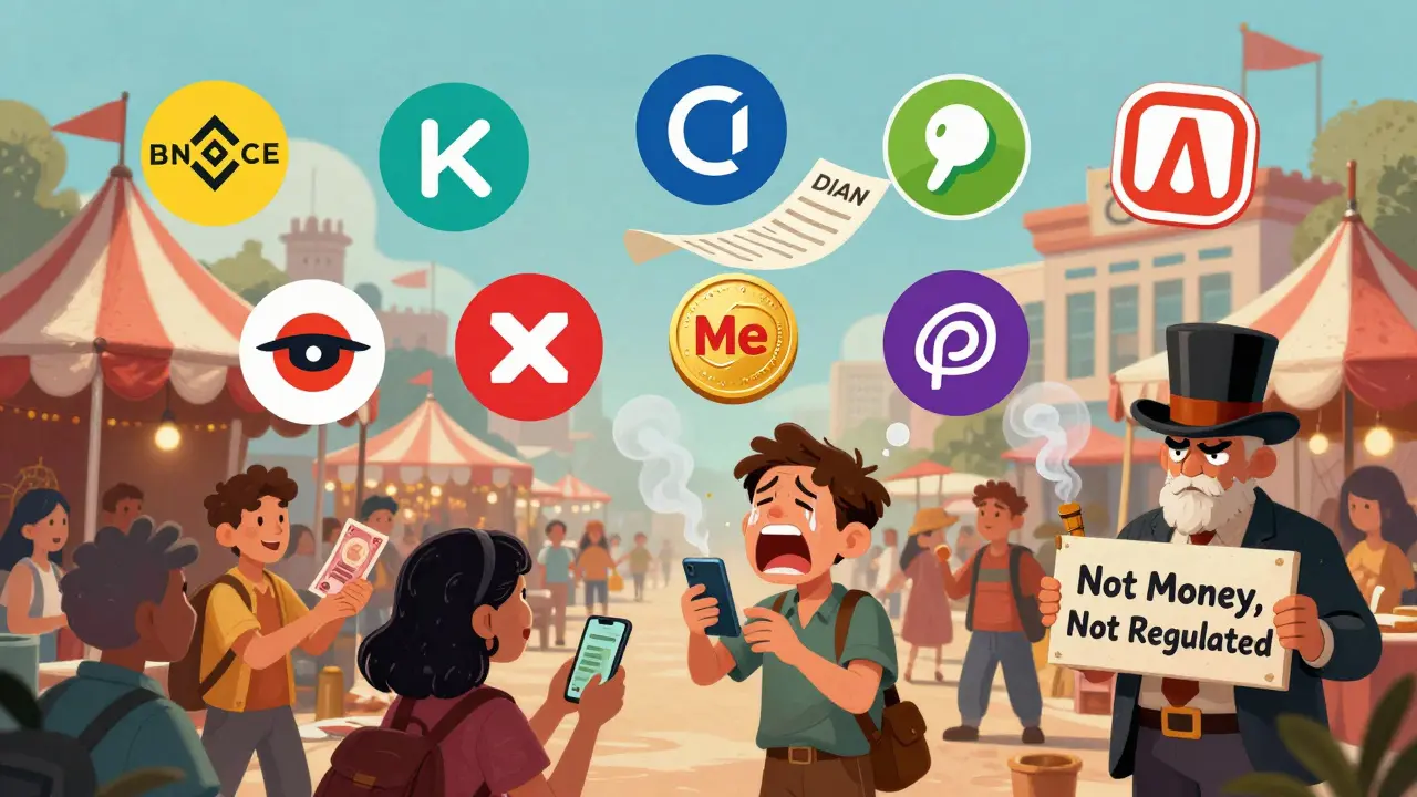 A chaotic marketplace with crypto exchanges as carnival tents, one man watching his investment vanish into smoke.