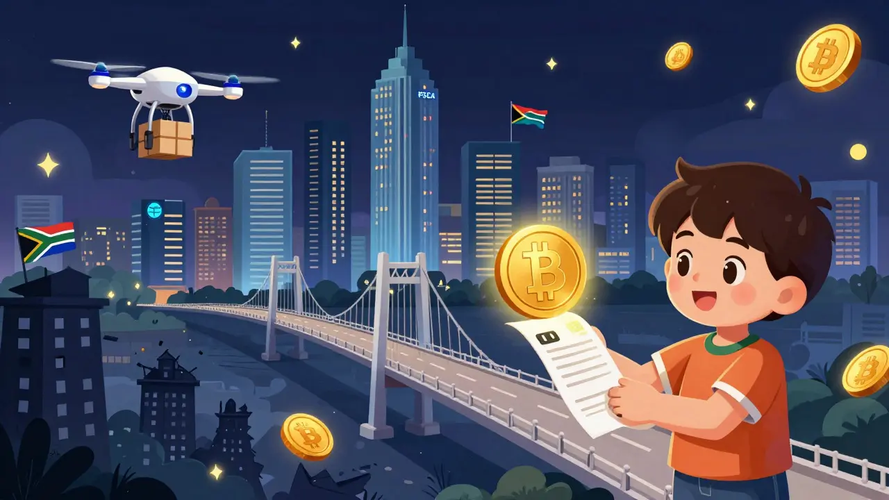 A child holds a crypto receipt as a Bitcoin bridge leads to a thriving future city, while old banks fade away.