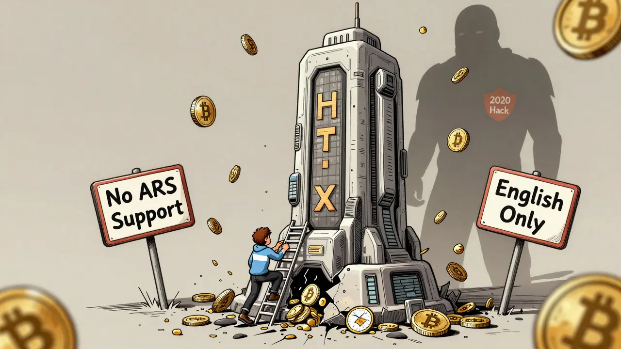 A cracked HTX tower with warning signs, a user struggling to deposit crypto, and a shadow of past hacks looming behind.
