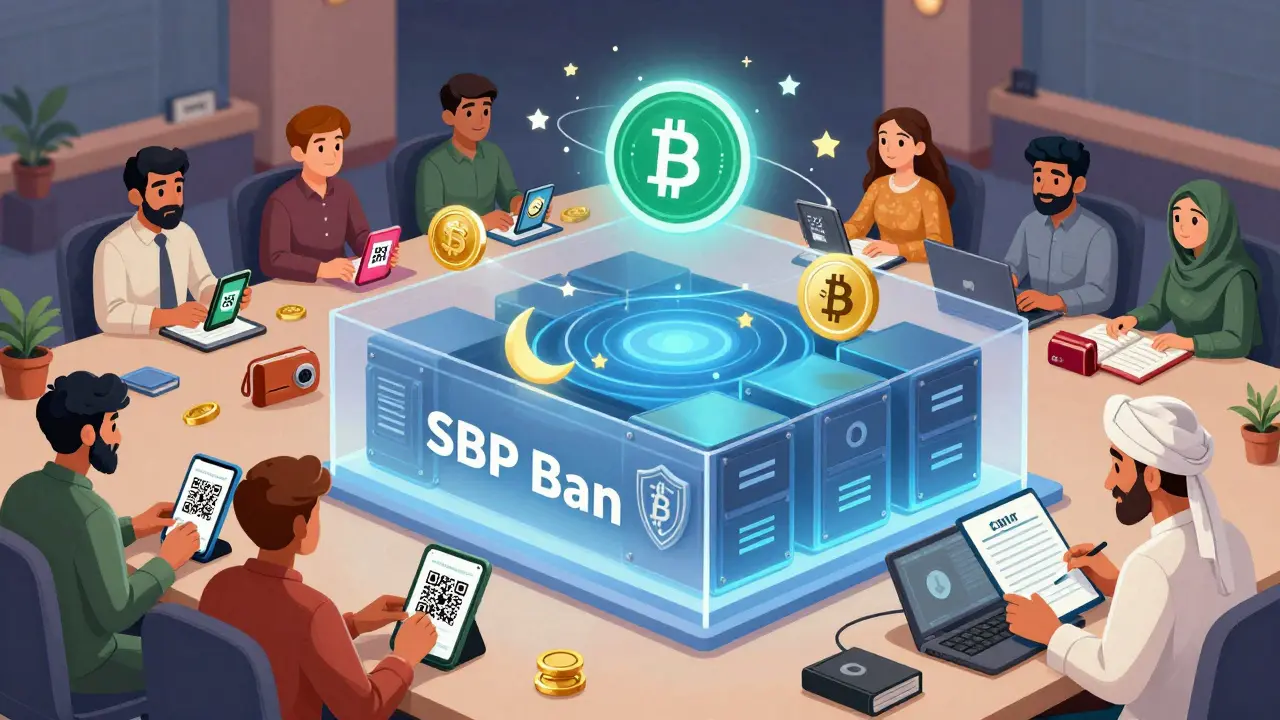 A crypto exchange operates under a banking ban, with Shariah-compliant tokens and a digital rupee floating above.