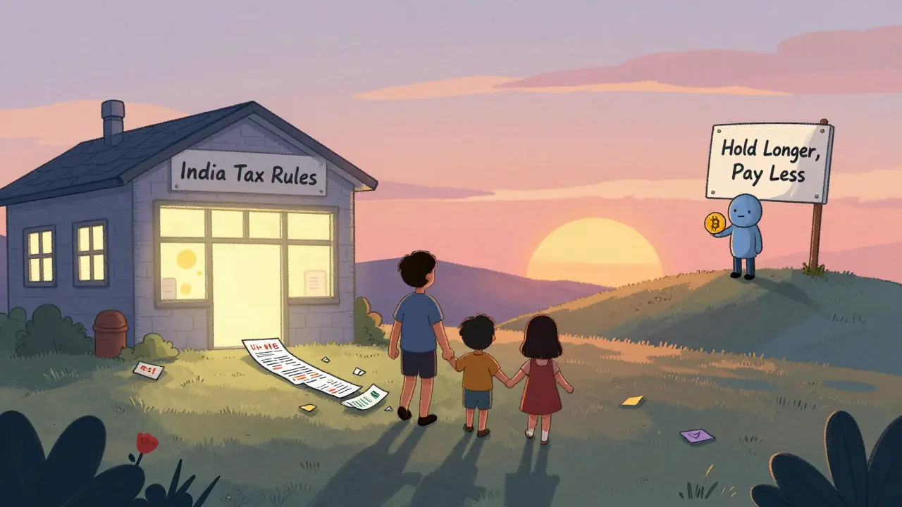 A family walks away from a crypto exchange, leaving trading charts behind, while a lone holder stands on a hill with a Bitcoin as the sun sets.