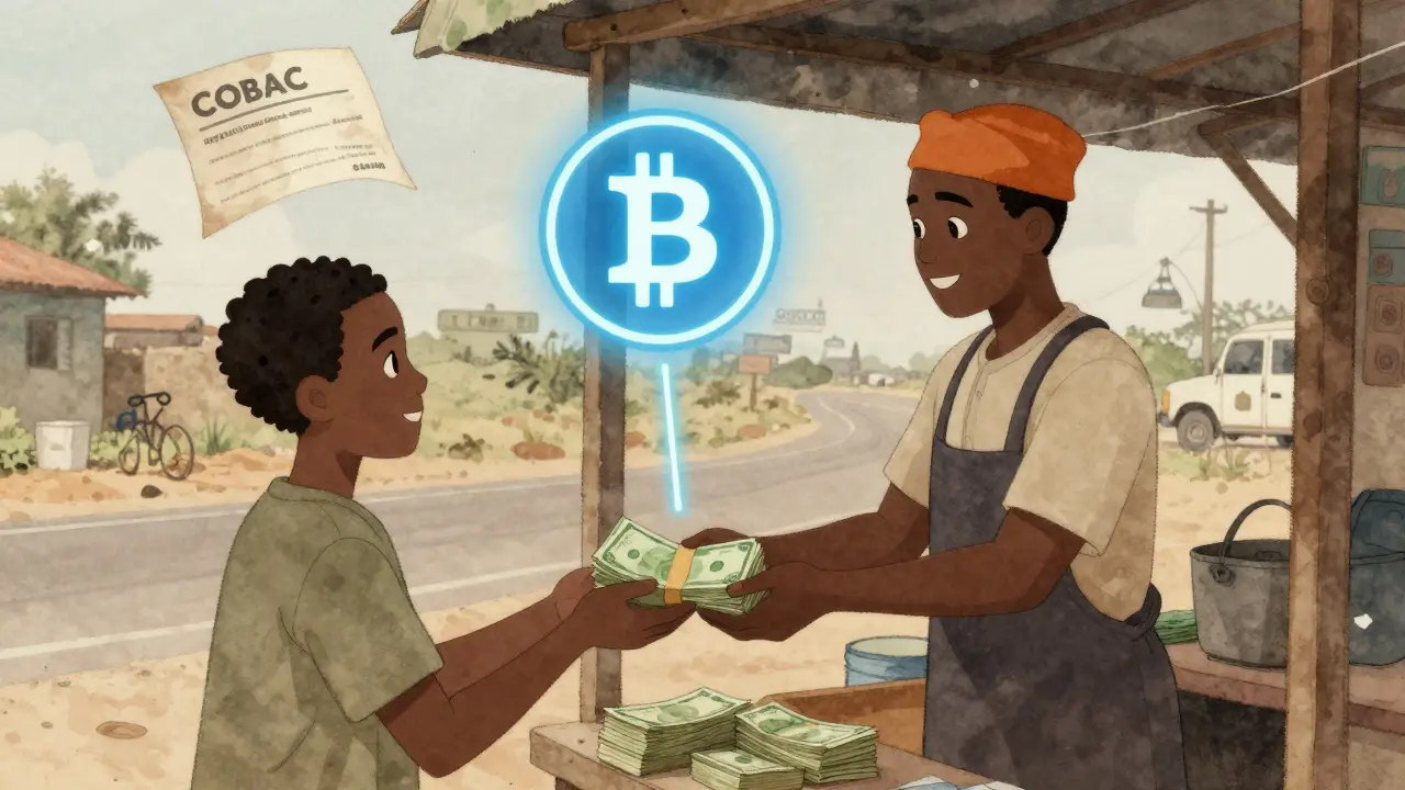A farmer exchanges cash for crypto, connected digitally to a supplier abroad, with outdated regulations nearby.
