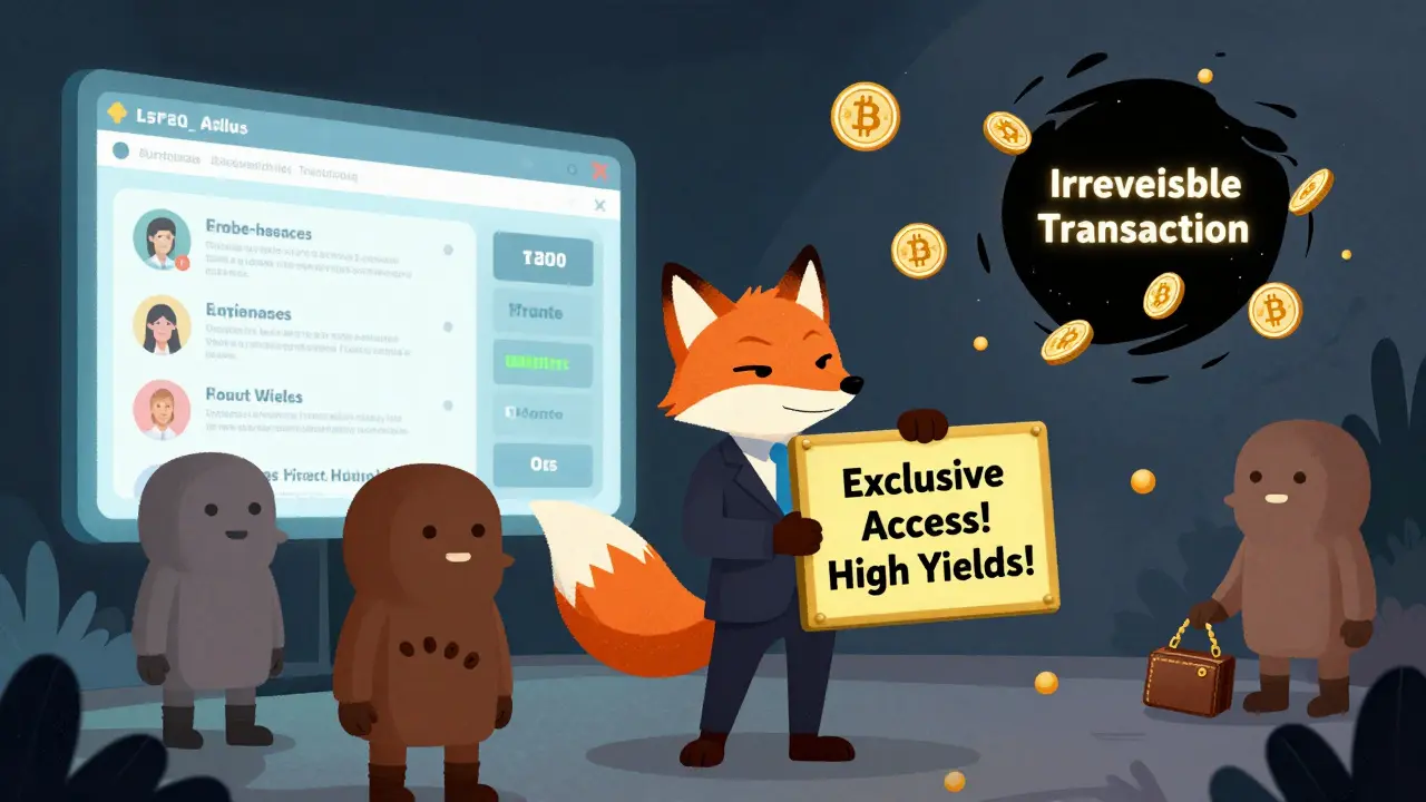 A fox lures crypto adventurers to a fake exchange portal as their coins vanish into a black hole.