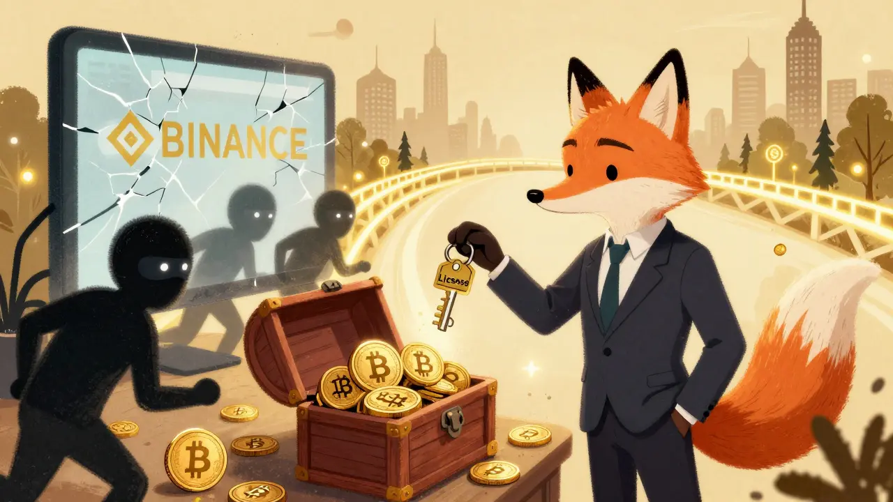 A fox unlocks regulated crypto while shadowy scam figures flee, a bridge leads to progress.