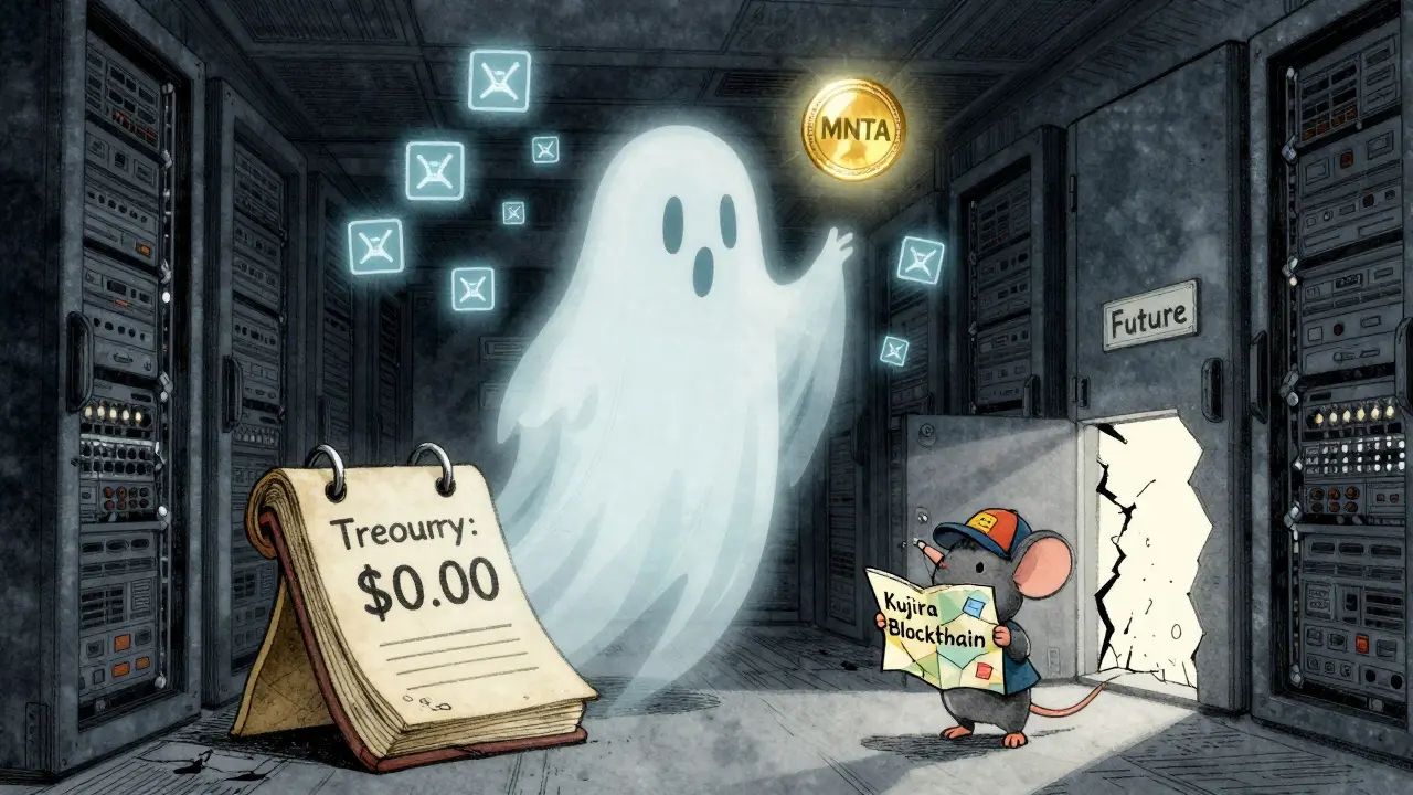A ghostly DAO spirit drifts through a silent server room, above a dusty ledger reading 'Treasury: <h2>How to Buy MNTA</h2>.00', with a mouse pointing to a crack of light.