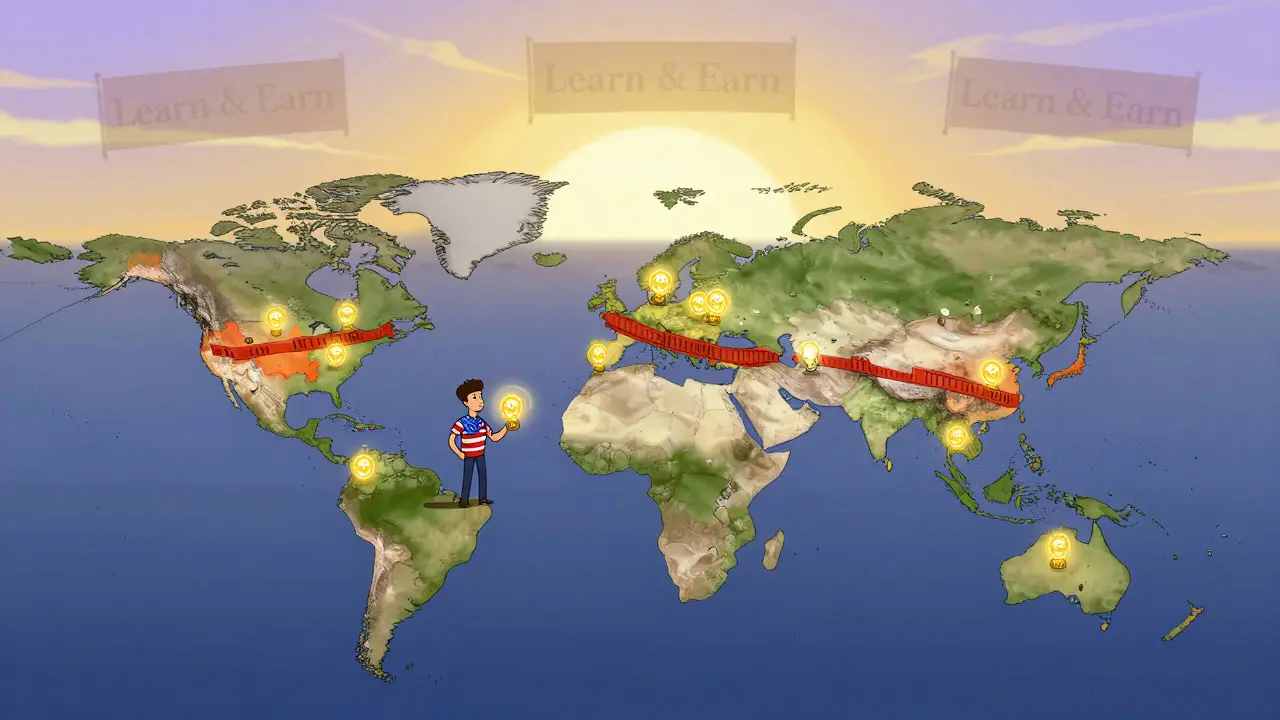 A global map showing GRT claims with red barriers over restricted countries and one user receiving their token.