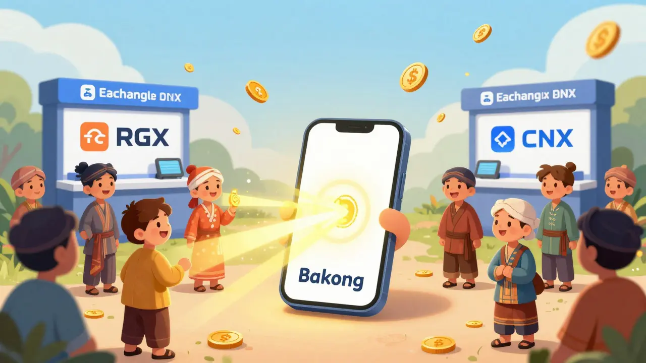A glowing Bakong phone connects villagers as two licensed crypto kiosks offer conversions.