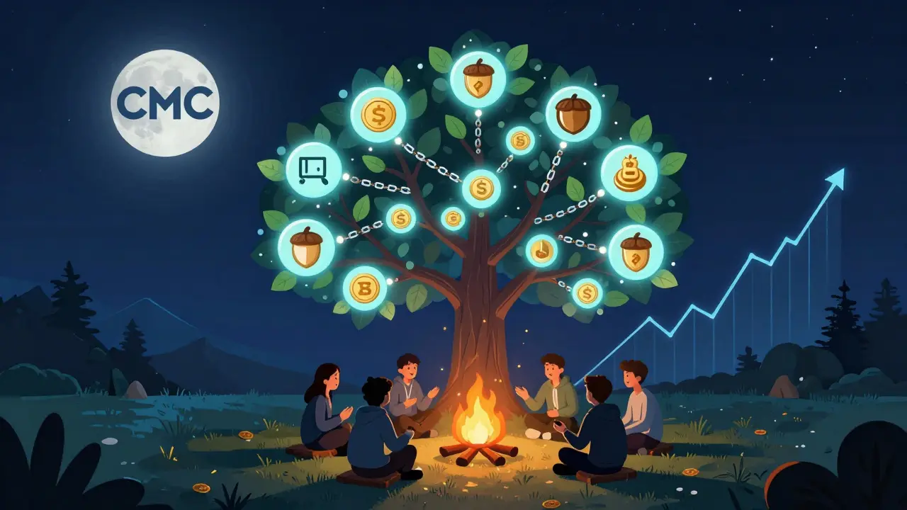 A glowing blockchain tree with users sitting around a campfire, trading ONUS tokens under a CMC-shaped moon.