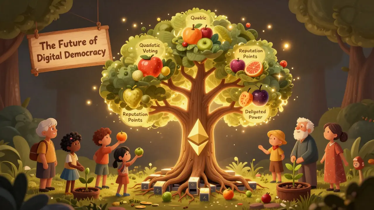 A glowing tree with democratic voting fruits, tended by diverse community members.