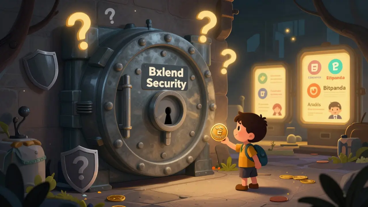 A locked vault labeled 'Bxlend Security' floats with question marks, while other exchanges shine with trust symbols.