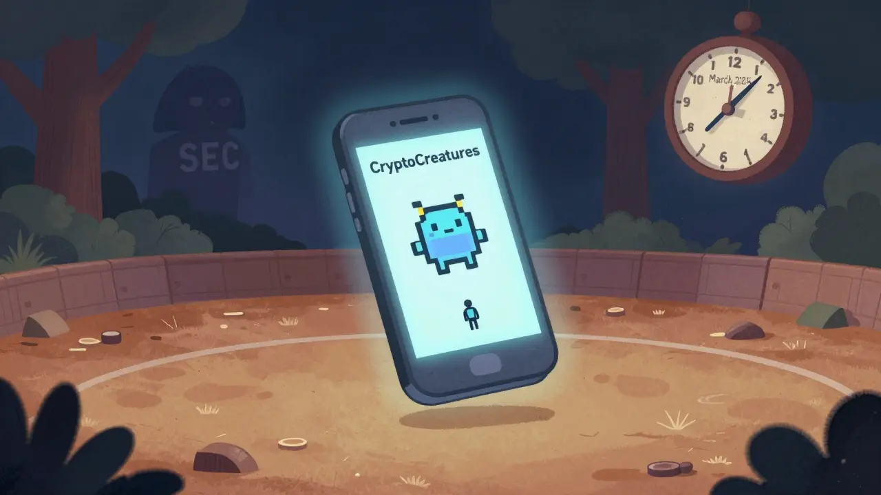 A lone player faces a glowing mobile game screen, while a shadowy SEC figure watches from afar in a quiet, empty arena.