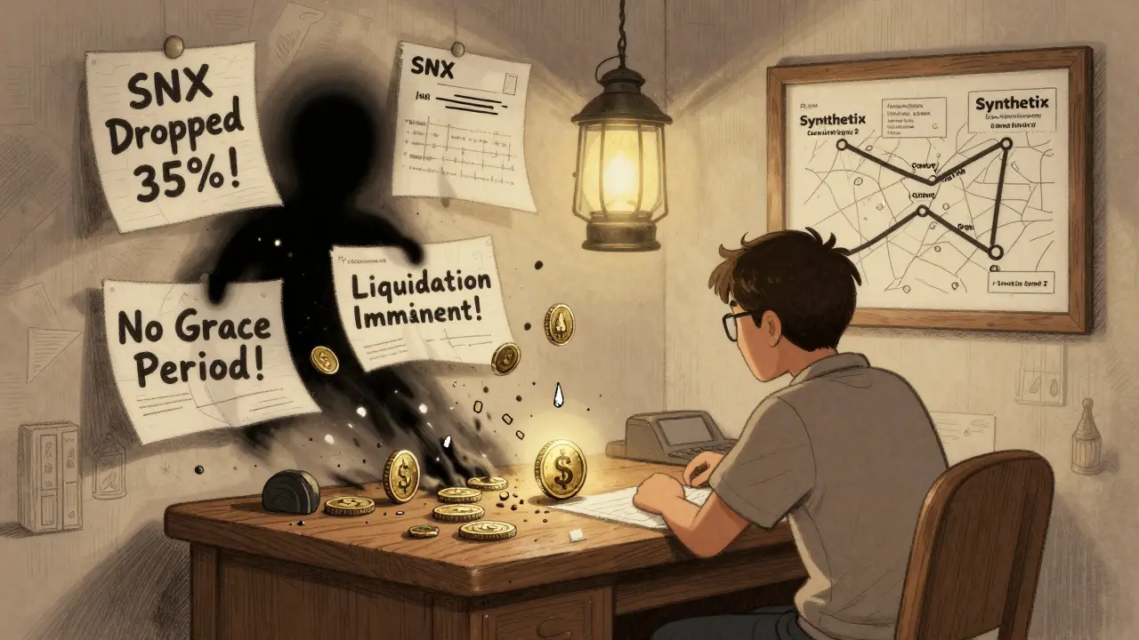 A lone trader faces a collapsing SNX position, with warning signs and a dimming sUSD coin under a lantern in a storybook scene.