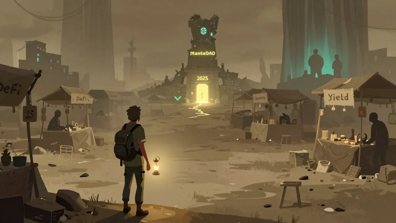 A lone traveler with a MNTA token stands at an empty marketplace, facing a crumbling MantaDAO tower under a fading path to 2025.