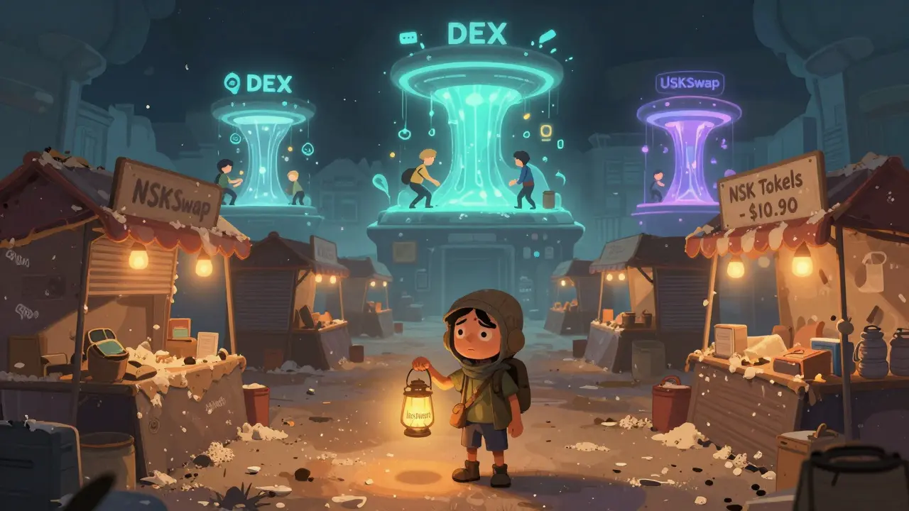 A lonely traveler stands before an empty marketplace with a flickering NSK token sign, while other DEXs thrive nearby.