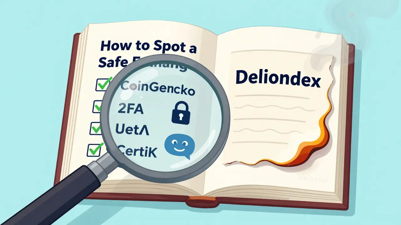 A magnifying glass reveals safety signs for real exchanges, while a Deliondex page burns away.