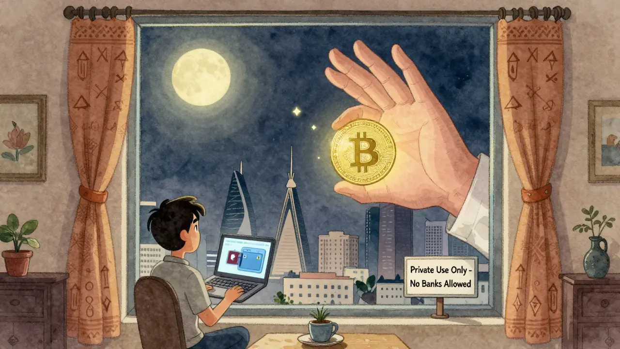 A person in Doha tries to use crypto as a giant regulatory hand blocks the transaction from outside.