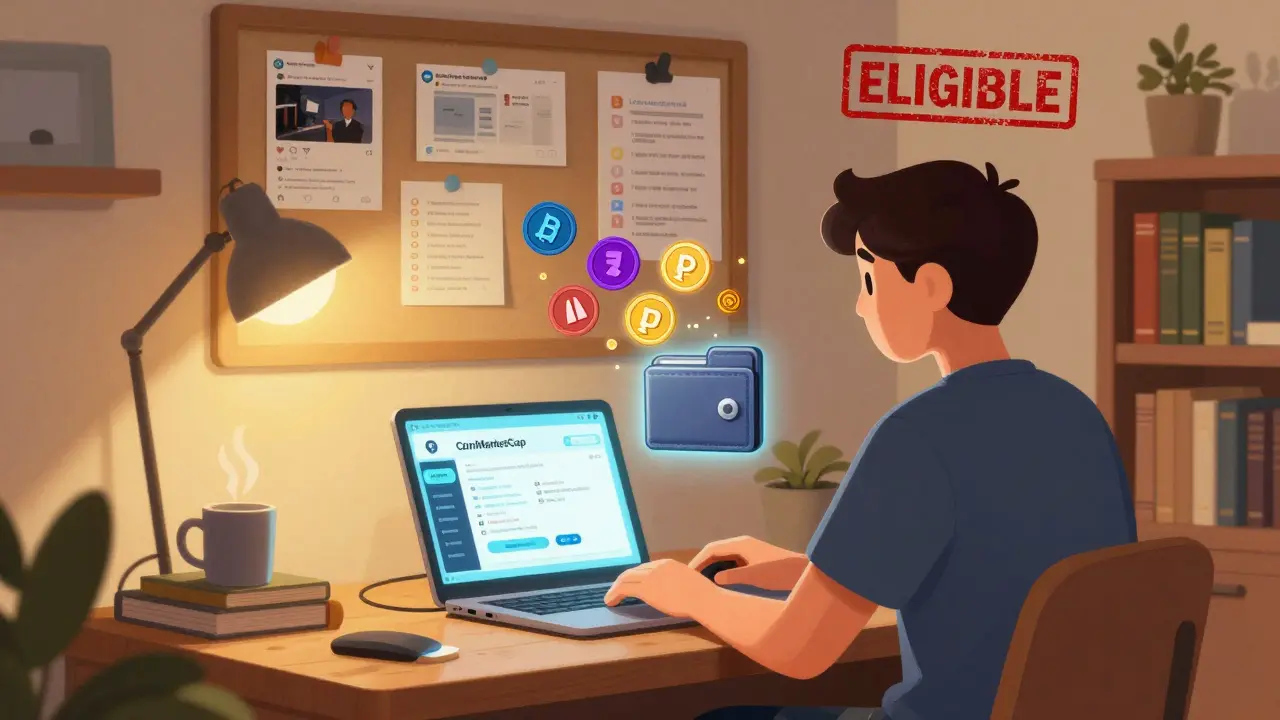 A player at a desk claiming a ZUKI airdrop on CoinMarketCap, with tokens and NFTs floating beside a glowing wallet.