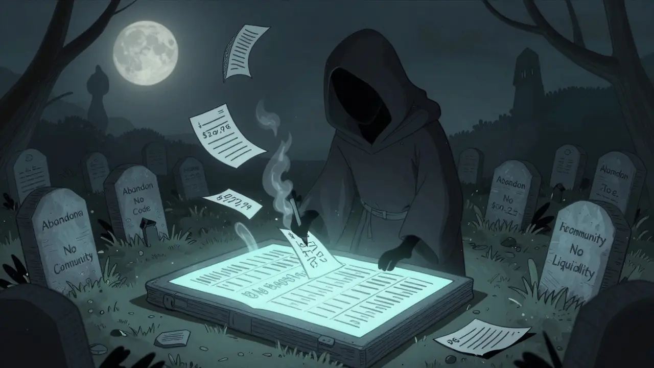 A shadowy figure writes fake prices on papers that vanish, as tombstones mark NSKSwap's failures in a moonlit graveyard.