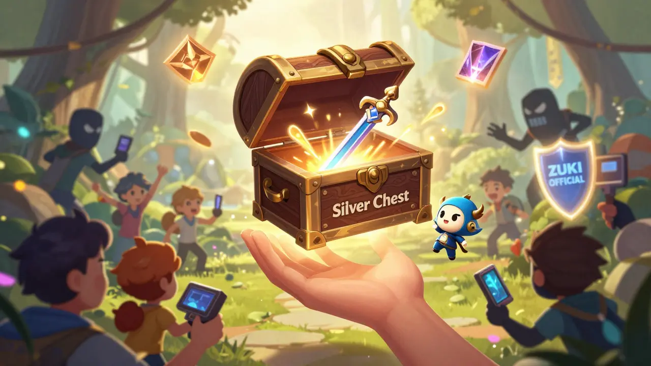A silver chest opening to reveal a rare NFT skin as players celebrate, while a scammer flees under a shield of official approval.