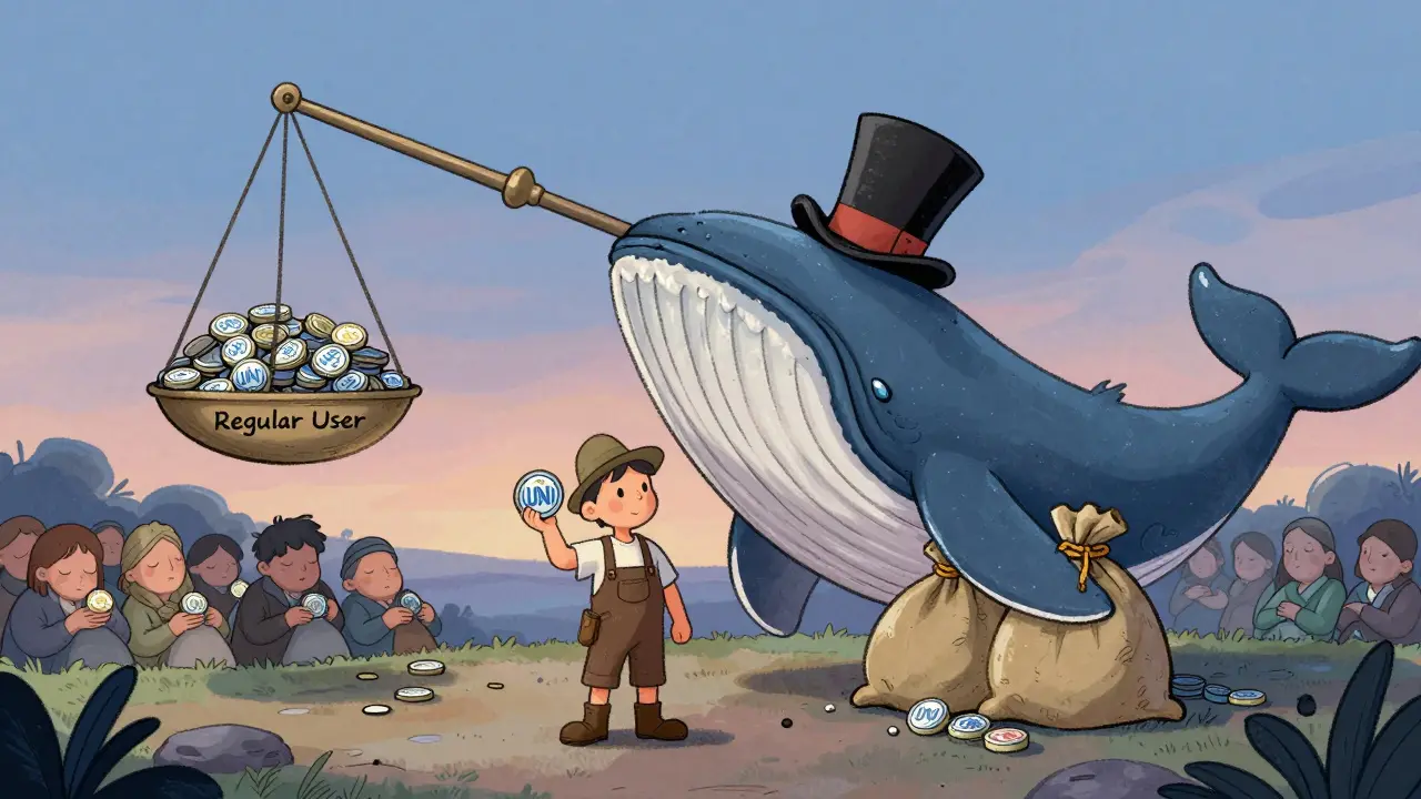 A small user stands beside a giant whale holding most tokens, with others asleep nearby.
