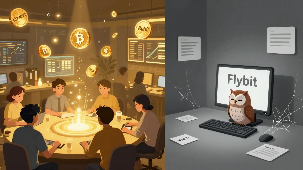 A split scene: vibrant active exchanges on one side, a silent, empty Flybit room on the other.