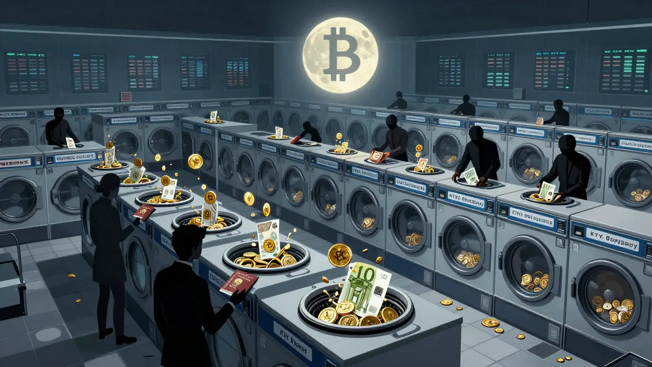 A surreal laundromat where crypto coins are washed through fake offshore companies and emerge as cash, while masked figures feed stolen documents into machines.