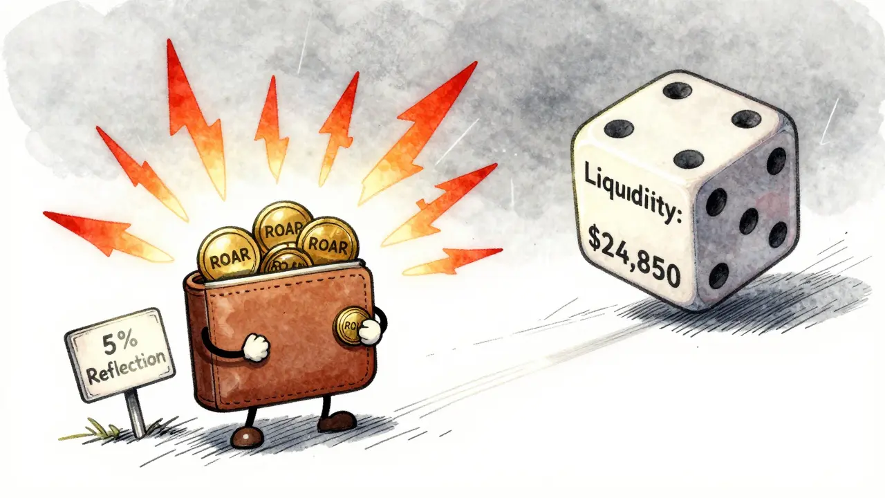 A tiny wallet is surrounded by crashing price arrows, with a fragile '5% Reflection' sign glowing nearby.