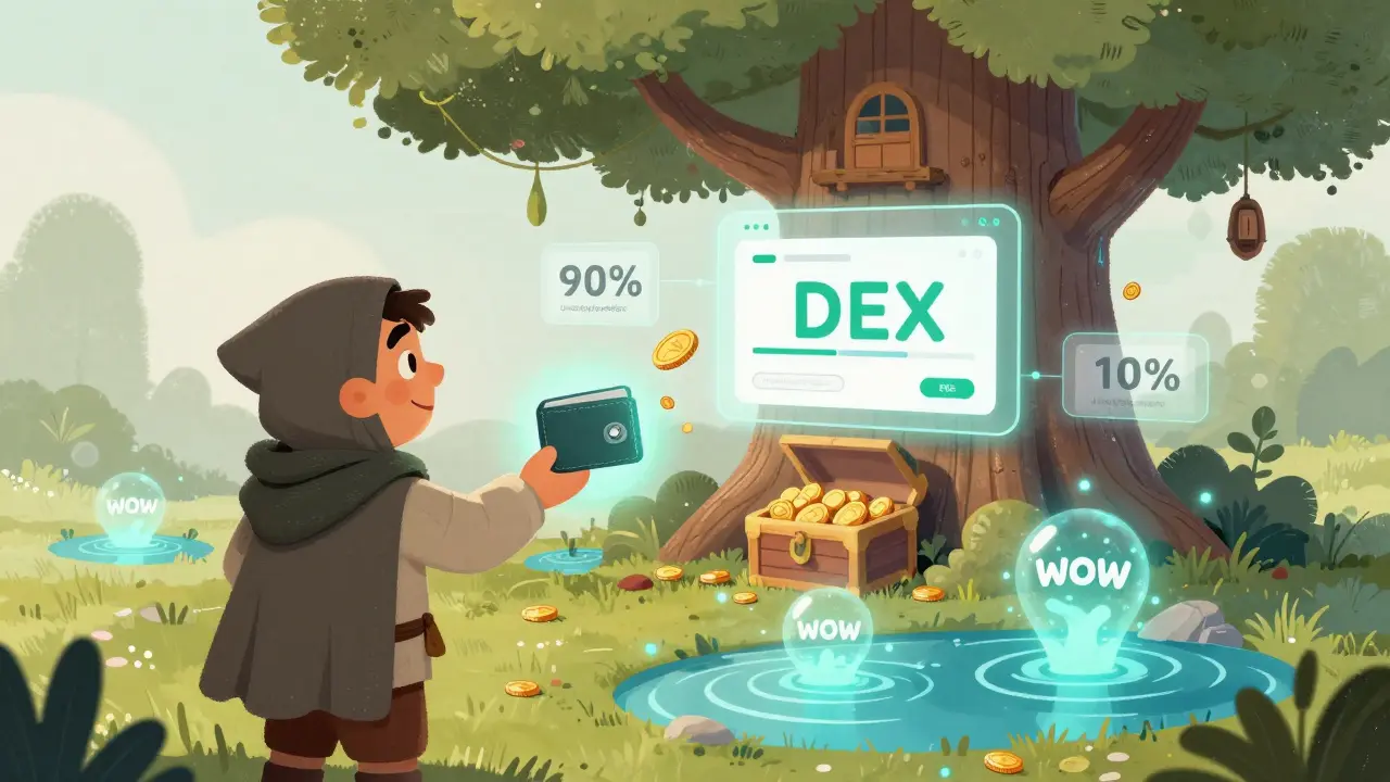 A trader connecting a wallet to a treehouse-style DEX, with floating fee breakdowns and magical liquidity pools.