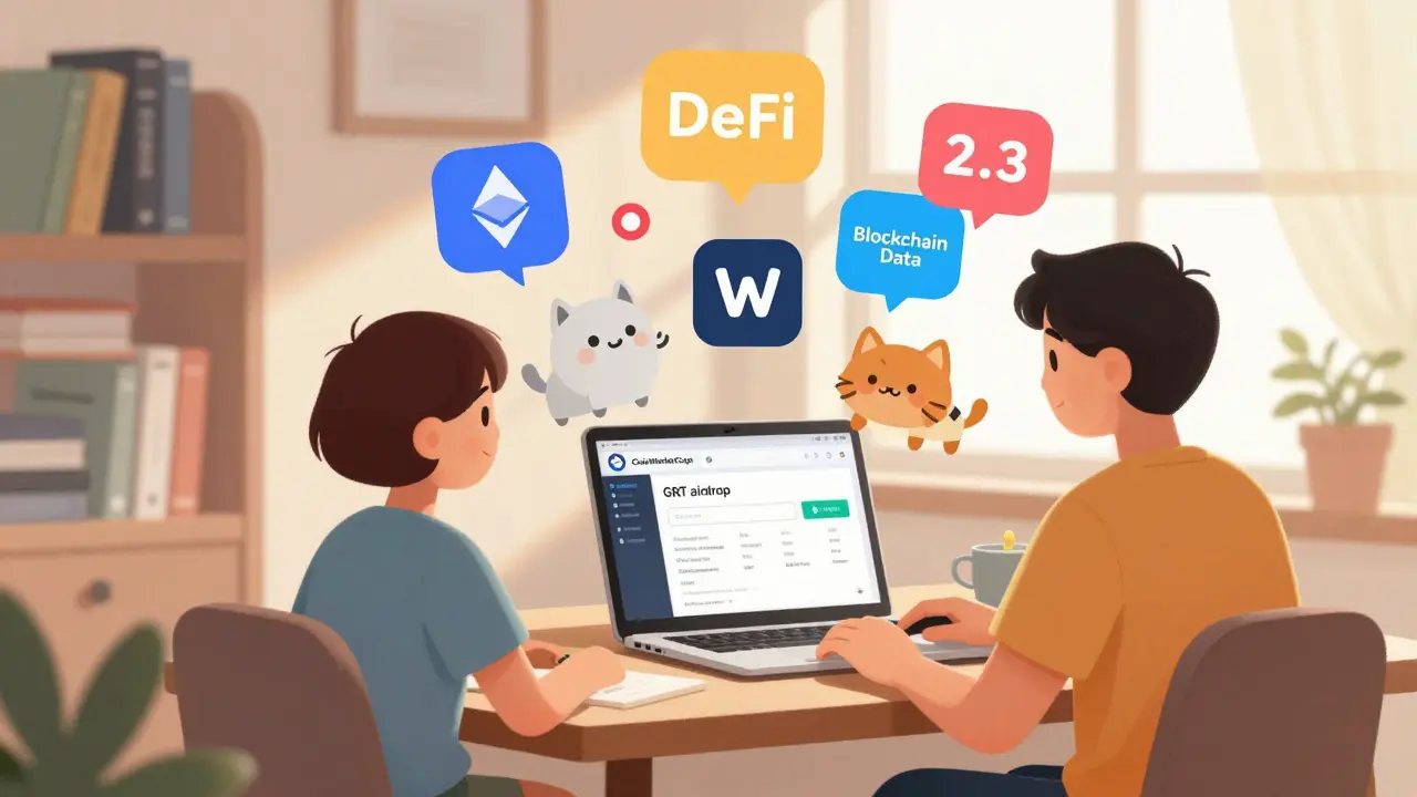 A user completing a CoinMarketCap airdrop lesson with three Ethereum wallets nearby and floating quiz bubbles.