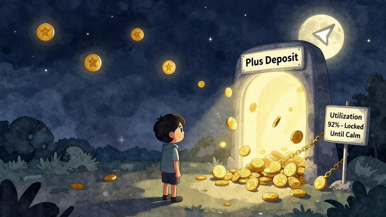 A user watches their tokens trapped in golden chains inside a glowing Plus Deposit portal under a moonlit sky.