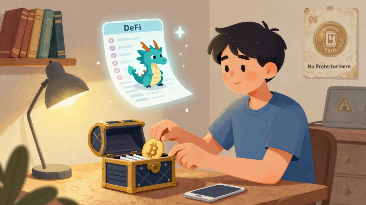 A young user storing crypto in a treasure chest wallet, with a DeFi dragon and floating tax checklist in a cozy room.