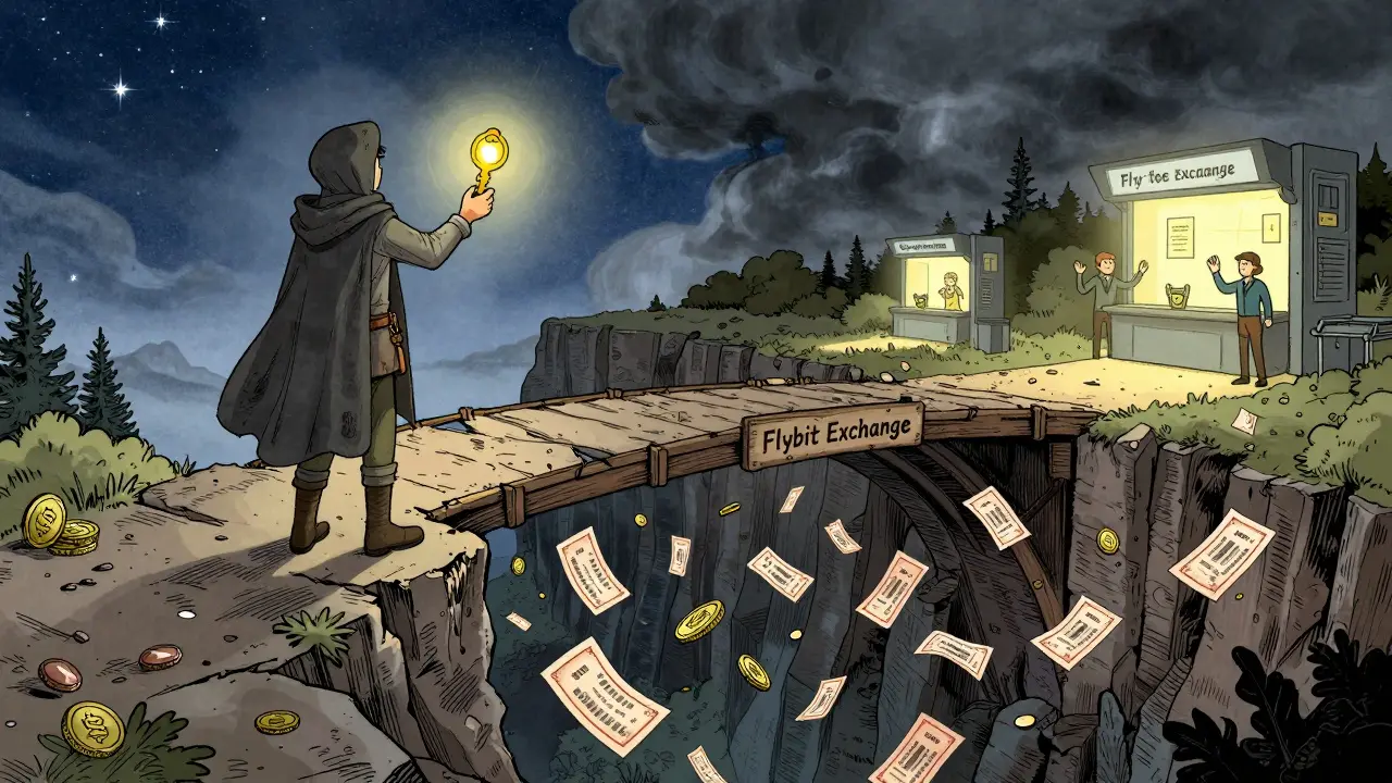 An adventurer stands at a crumbling bridge to Flybit, with safer exchanges ahead.