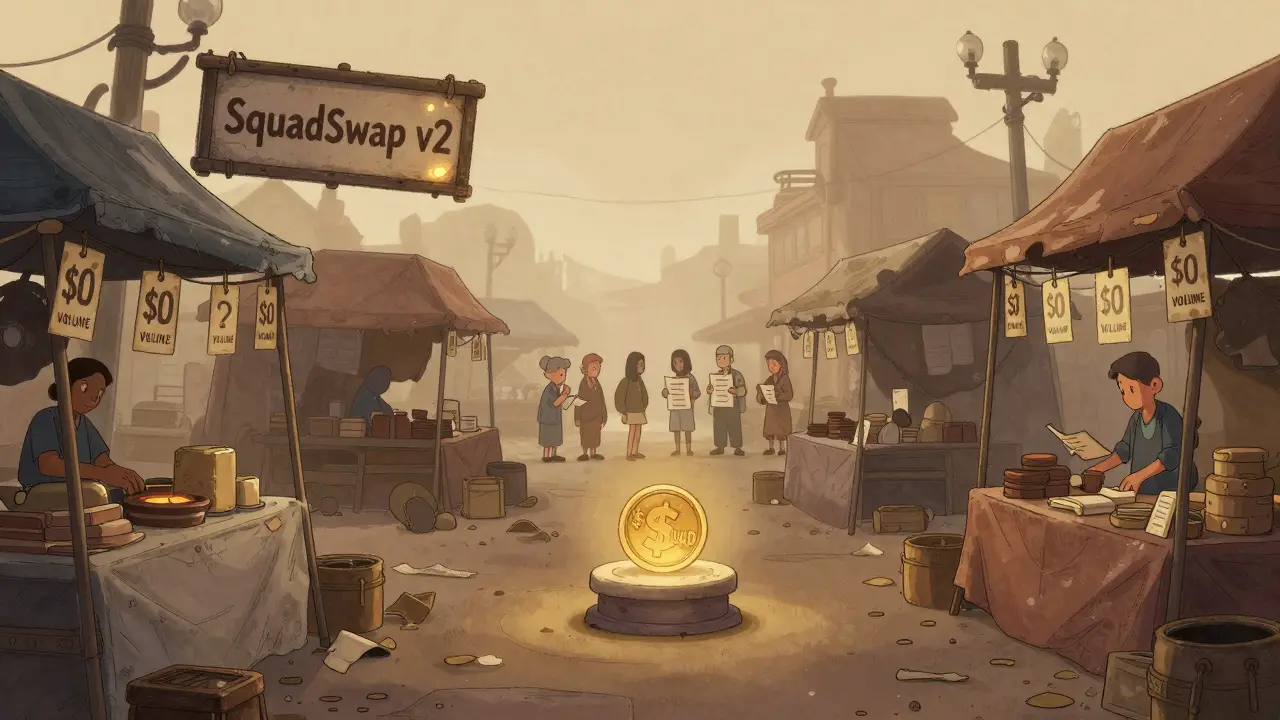 An empty SquadSwap v2 marketplace at dawn, a single glowing $SQUAD token on a pedestal under fading light.