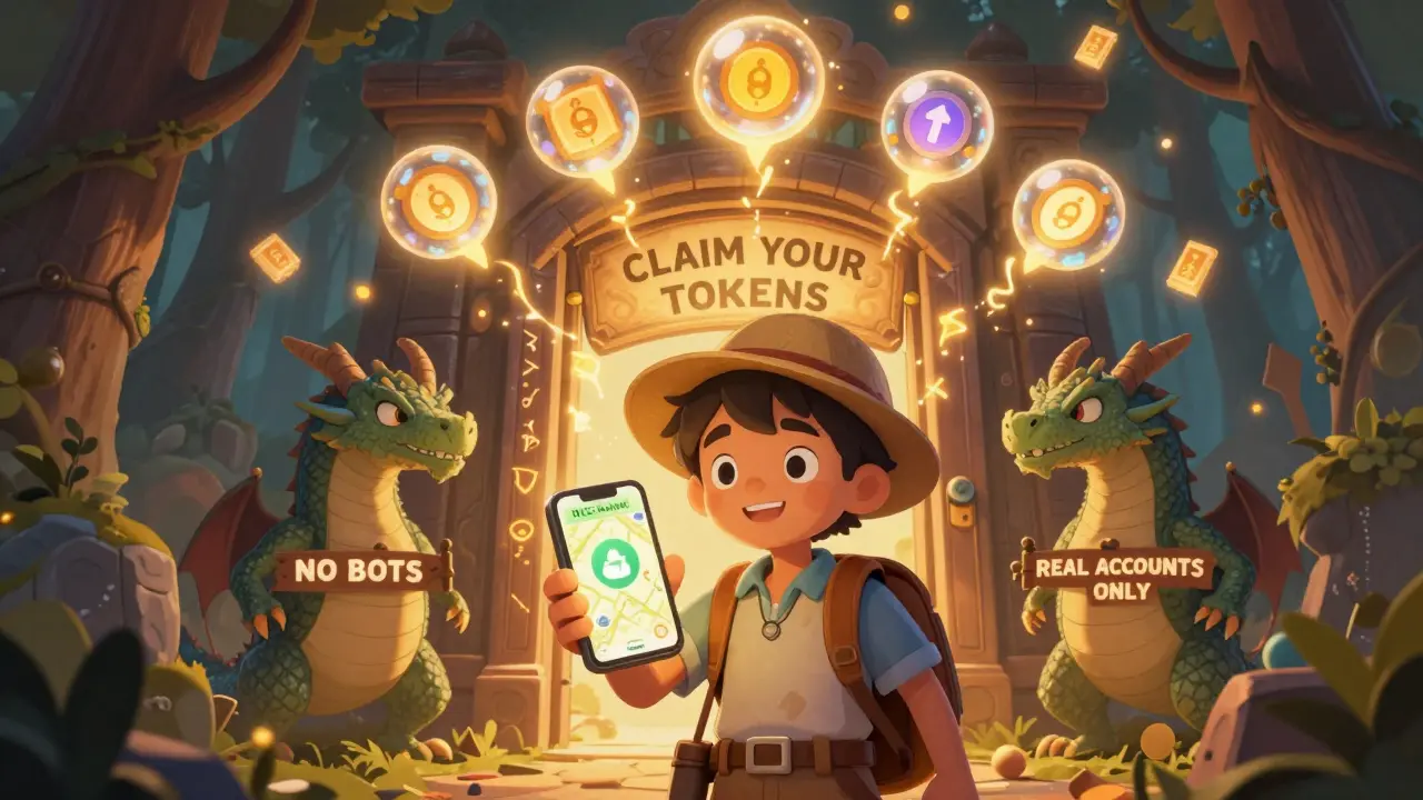 An explorer holding a RICE Wallet app before a magical door guarded by digital dragons.