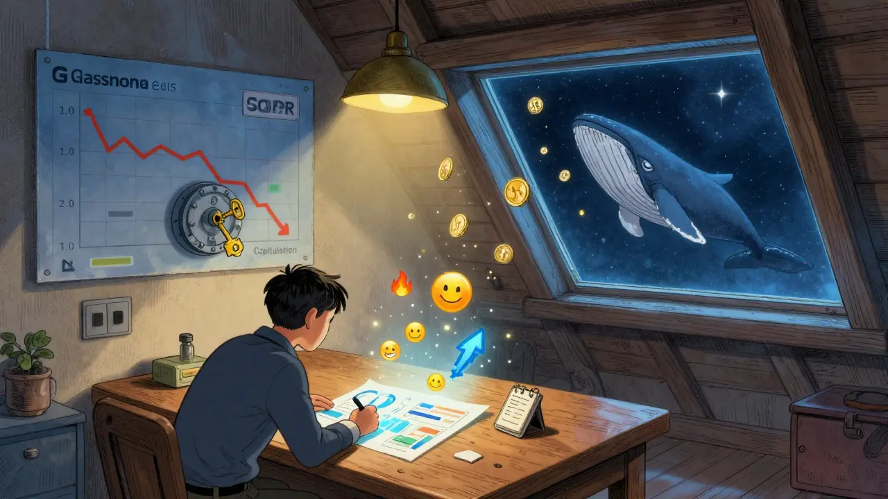 An investor in an attic studies glowing crypto charts and a blockchain ledger, while a whale drops stablecoins from the night sky.