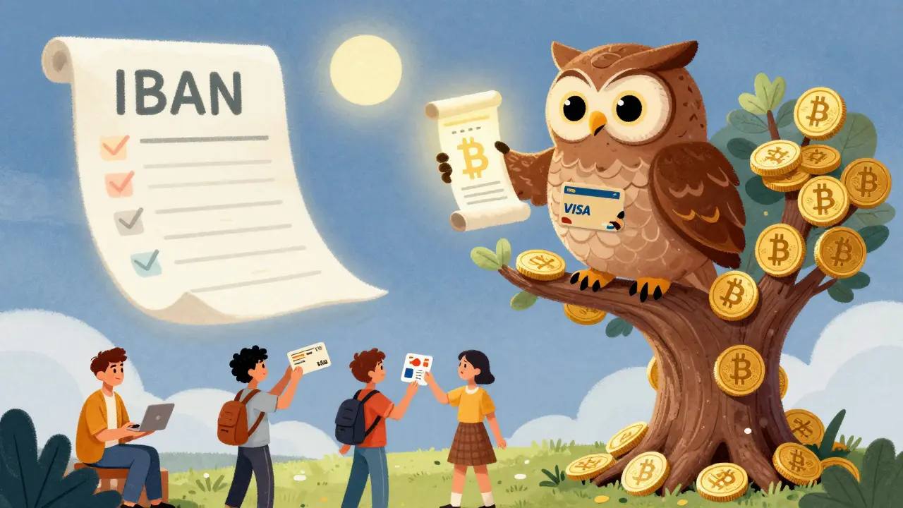 An owl guardian holding crypto and bank items while people use crypto in daily life, storybook illustration.