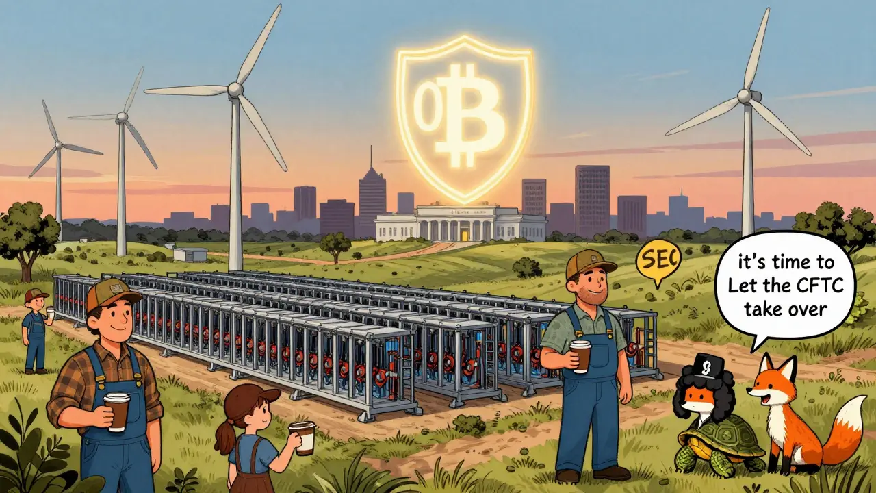 Bitcoin mining rigs in rural Texas powered by wind turbines, farmers smiling nearby, while a glowing OCC shield hovers above a bank and a fox whispers to an SEC turtle.