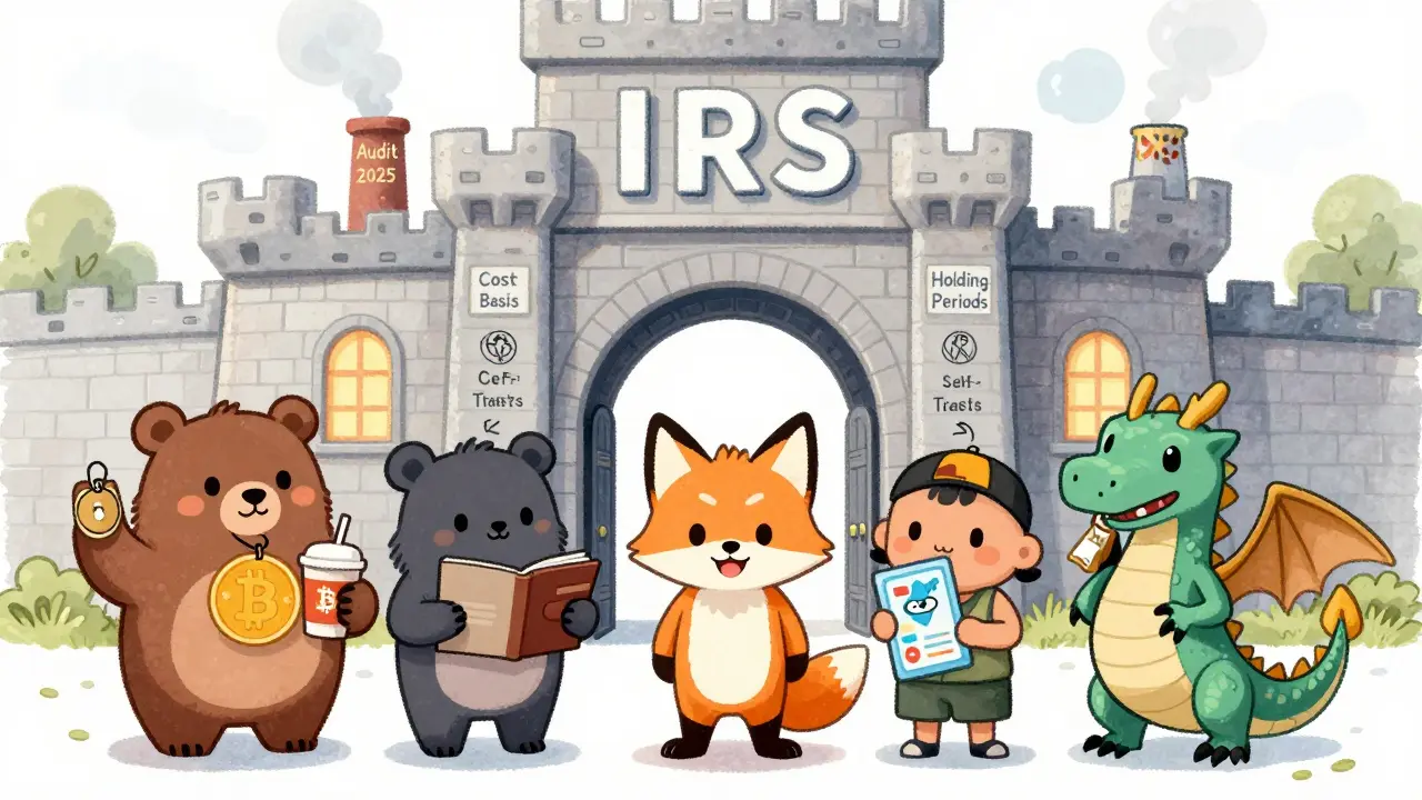 Digital creatures in line at an IRS castle, holding crypto wallets and NFT cards, with tax-themed windows on the building.
