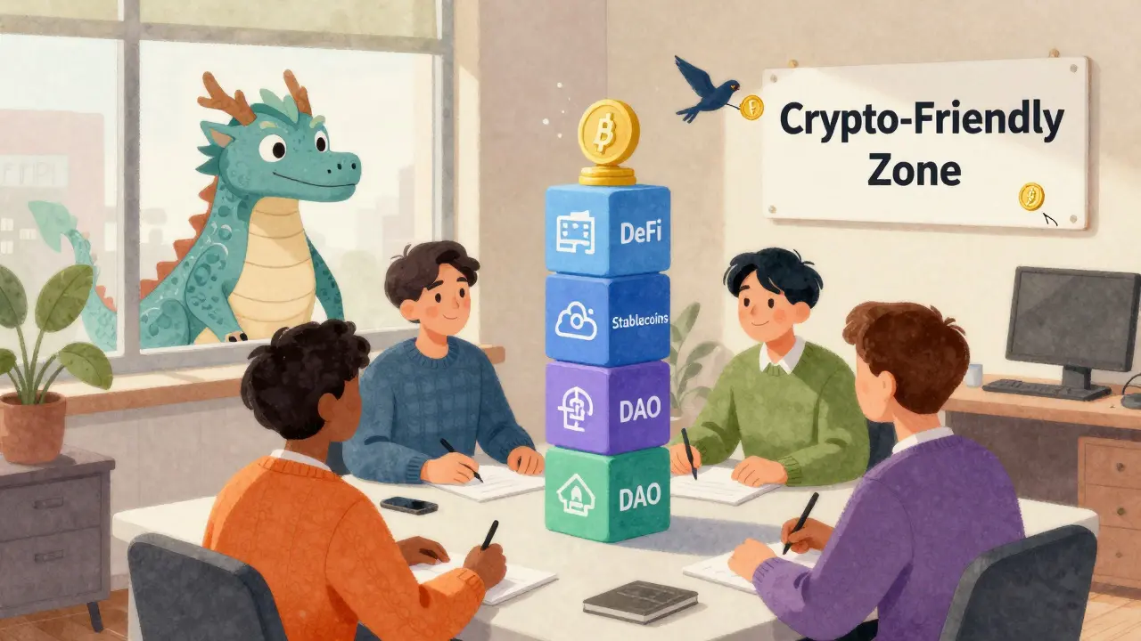 Entrepreneurs building a blockchain tower in a sunny San Francisco office, watched by a gentle dragon labeled DFPI, with crypto symbols floating outside.
