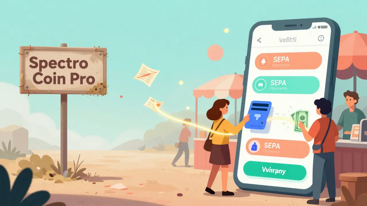 Fading 'SpectroCoin Pro' sign on one side, vibrant crypto banking scene on the other, in whimsical illustration style.