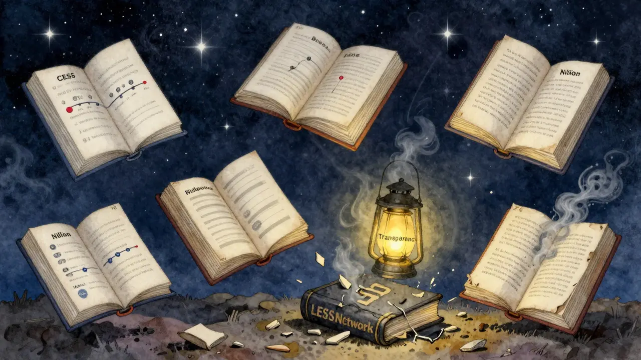 Floating books of real crypto projects shine in the night sky while a broken 'LESS Network' book lies shattered below.