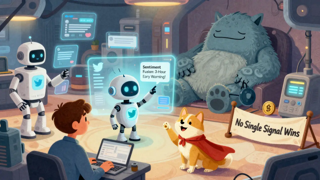 Friendly AI bots analyze social media and blockchain data through holograms, as a child-like robot alerts to an early sentiment warning.